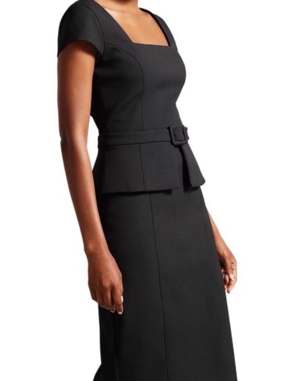 Ted Baker London Black Square-Neck Midi Dress with Belted Peplum NWT